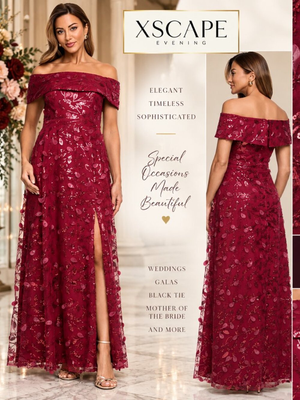 XSCAPE Wine Sequin 3D Floral Off Shoulder Formal Gown 14 NWT